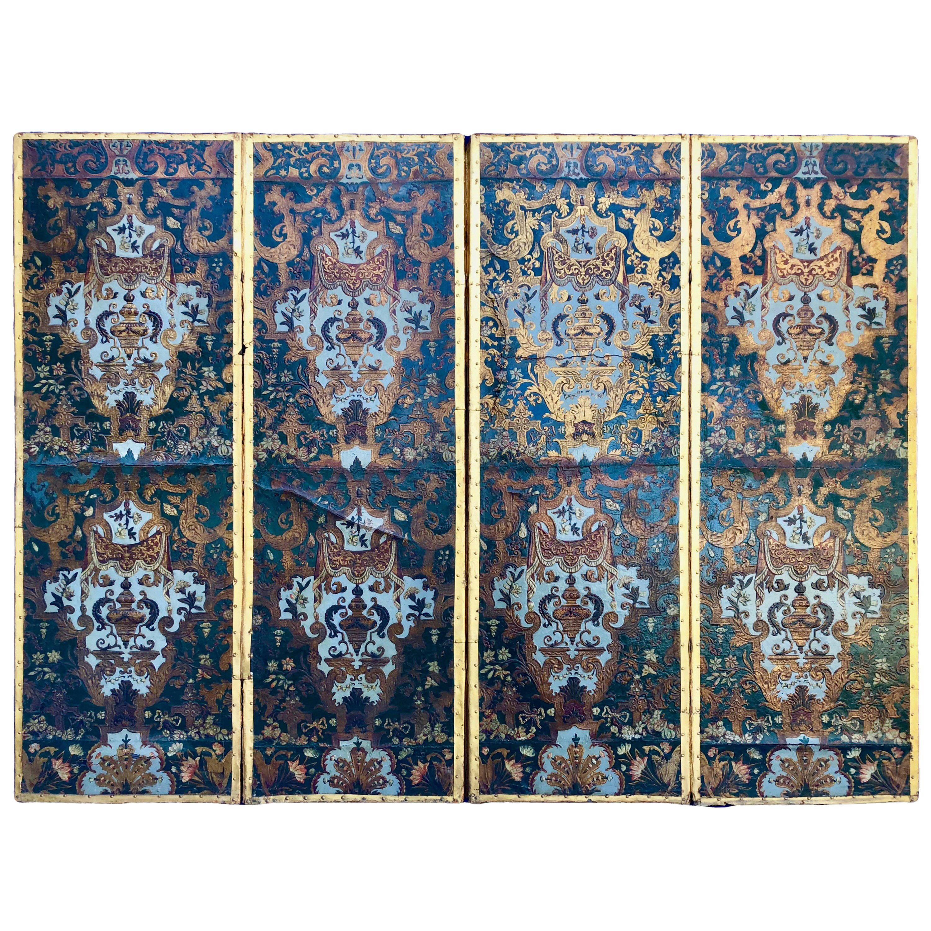 French Four-Panel Embossed Leather Divider with Gilt, Louis XIV, 18th Century For Sale