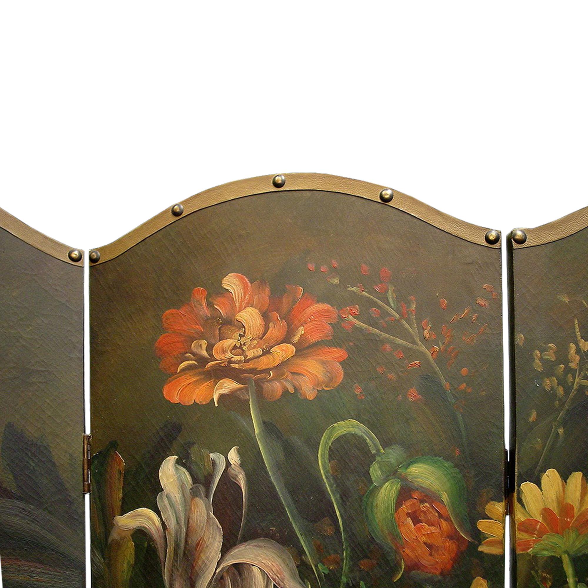 A very decorative French four-panel painted screen. The four painted panels are bordered by antique nails over brown leather trim. The whole is hand painted showing a large urn on top of a table with a very stunning bouquet of colorful flowers