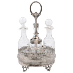 Vintage French Four-Piece Crystal and Silver Cruet Set with Foliage, Squares and Beads