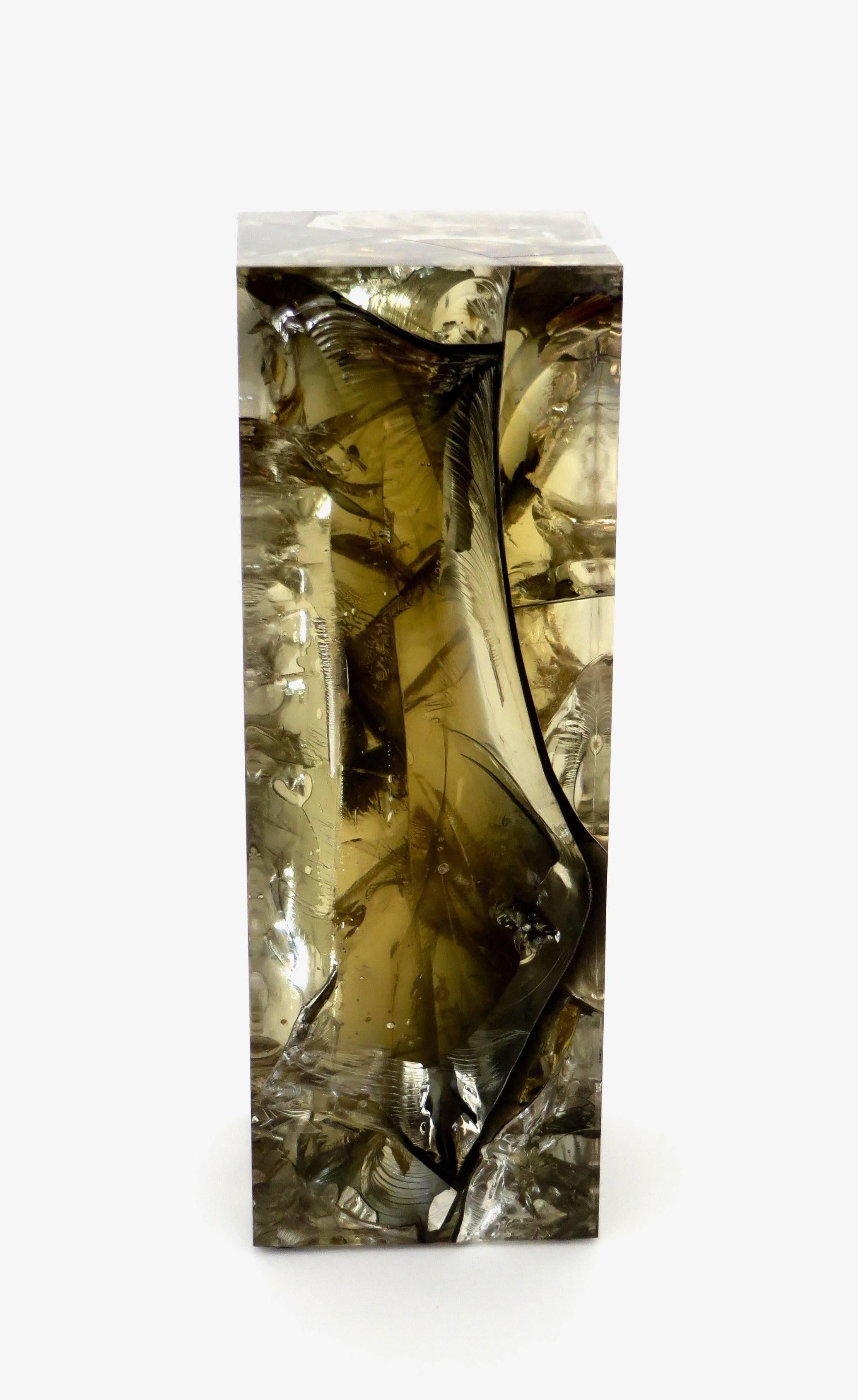Minimalist French Fractal Resin Olive Gold Sculpture by Pierre Giraudon