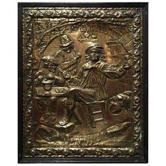 Antique French Frame Polished Brass Plaque Relief "Drinking", 19th Century