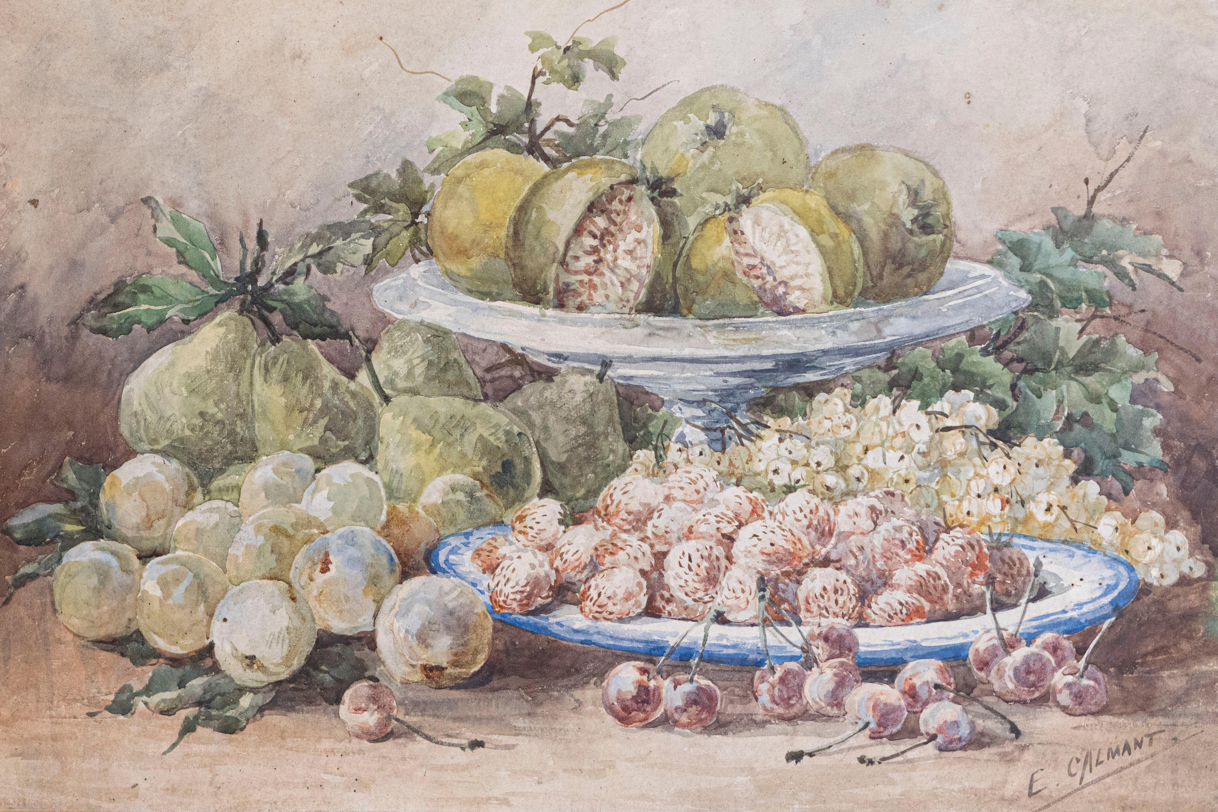 Französisches gerahmtes Aquarell des 19. Jahrhunderts mit Obstdarstellungen, signiert E Calmant im Zustand „Gut“ im Angebot in Atlanta, GA