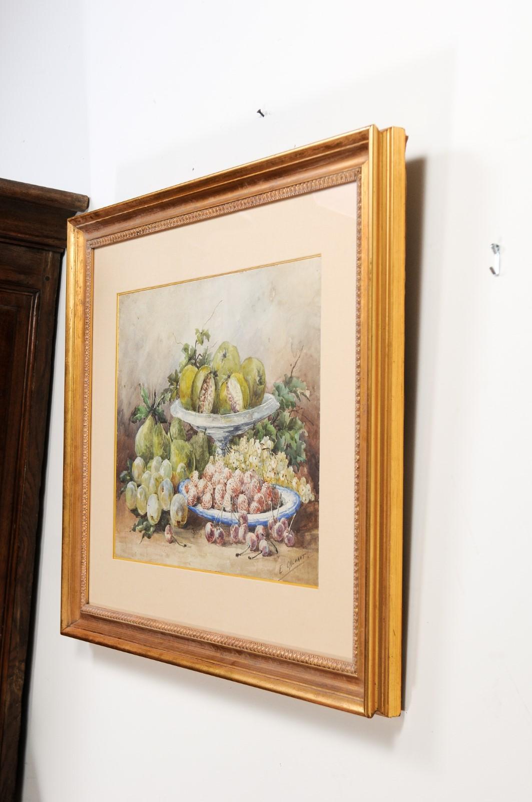 French Framed 19th Century Watercolor Depicting Fruits, Signed E Calmant For Sale 4