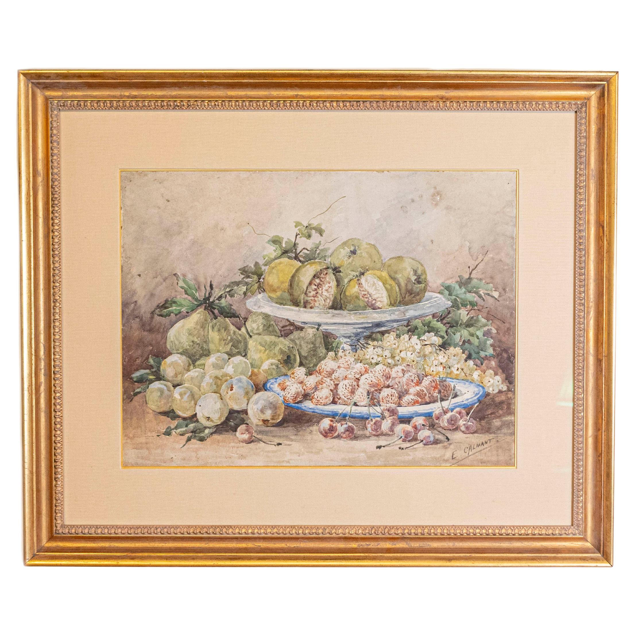 French Framed 19th Century Watercolor Depicting Fruits, Signed E Calmant
