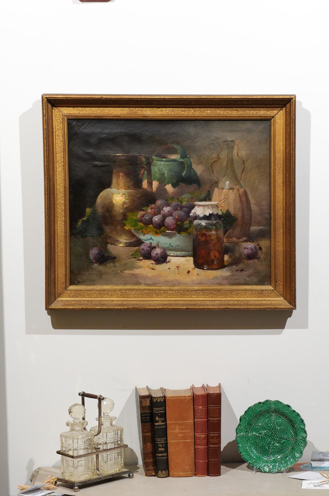 A French framed oil on canvas still-life painting from the 19th century, with prunes, honey, bottles and jars. Born in France during the politically dynamic 19th century, this exquisite still-life of horizontal format features a carefully organized