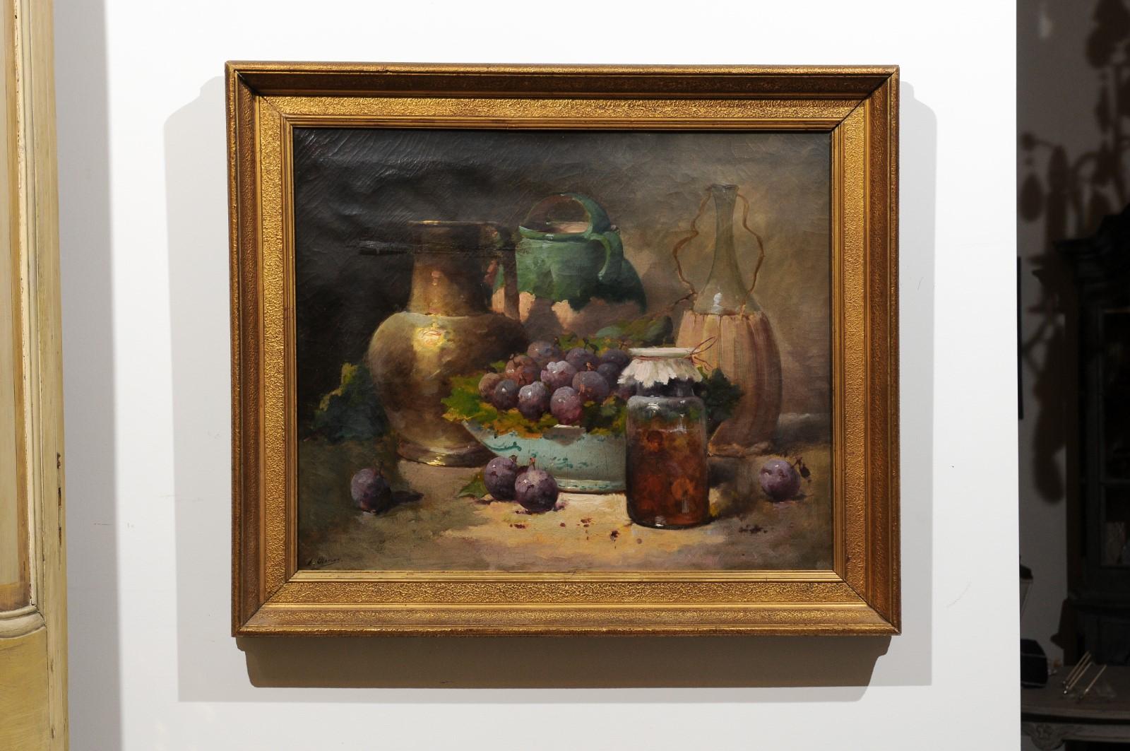 French Framed and Signed Oil on Canvas Still-Life Painting with Fruits and Honey In Good Condition In Atlanta, GA