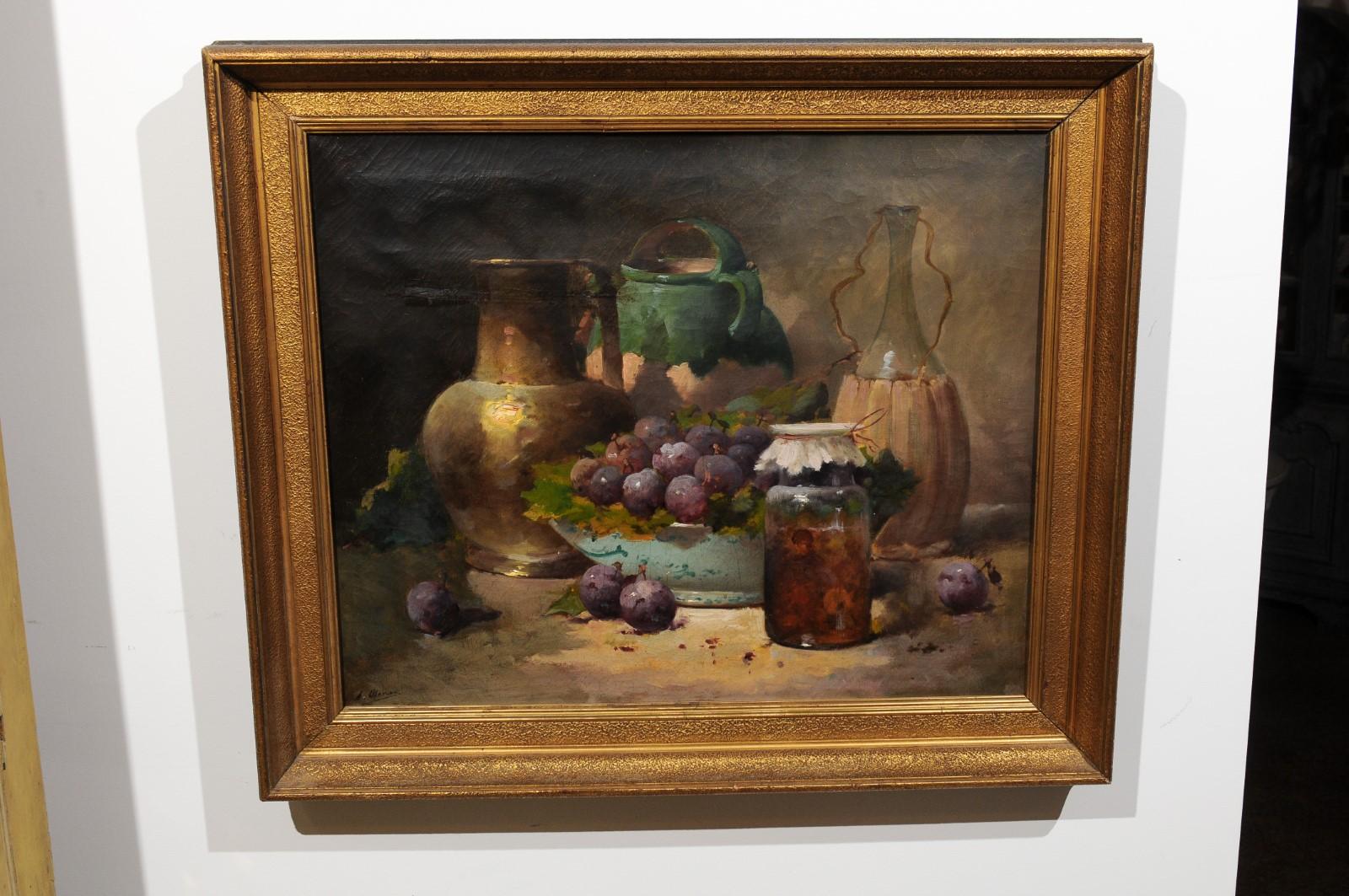French Framed and Signed Oil on Canvas Still-Life Painting with Fruits and Honey 3