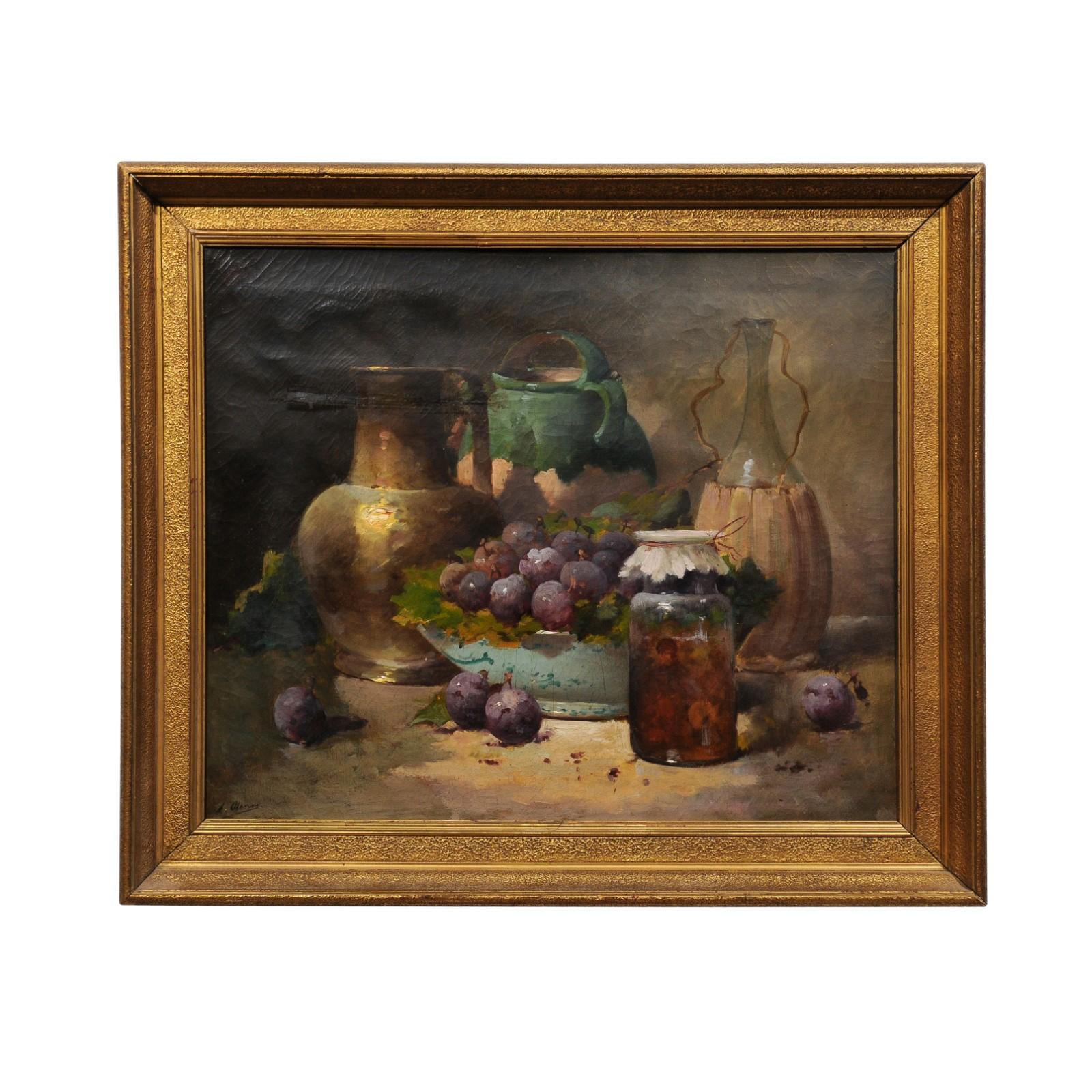 French Framed and Signed Oil on Canvas Still-Life Painting with Fruits and Honey