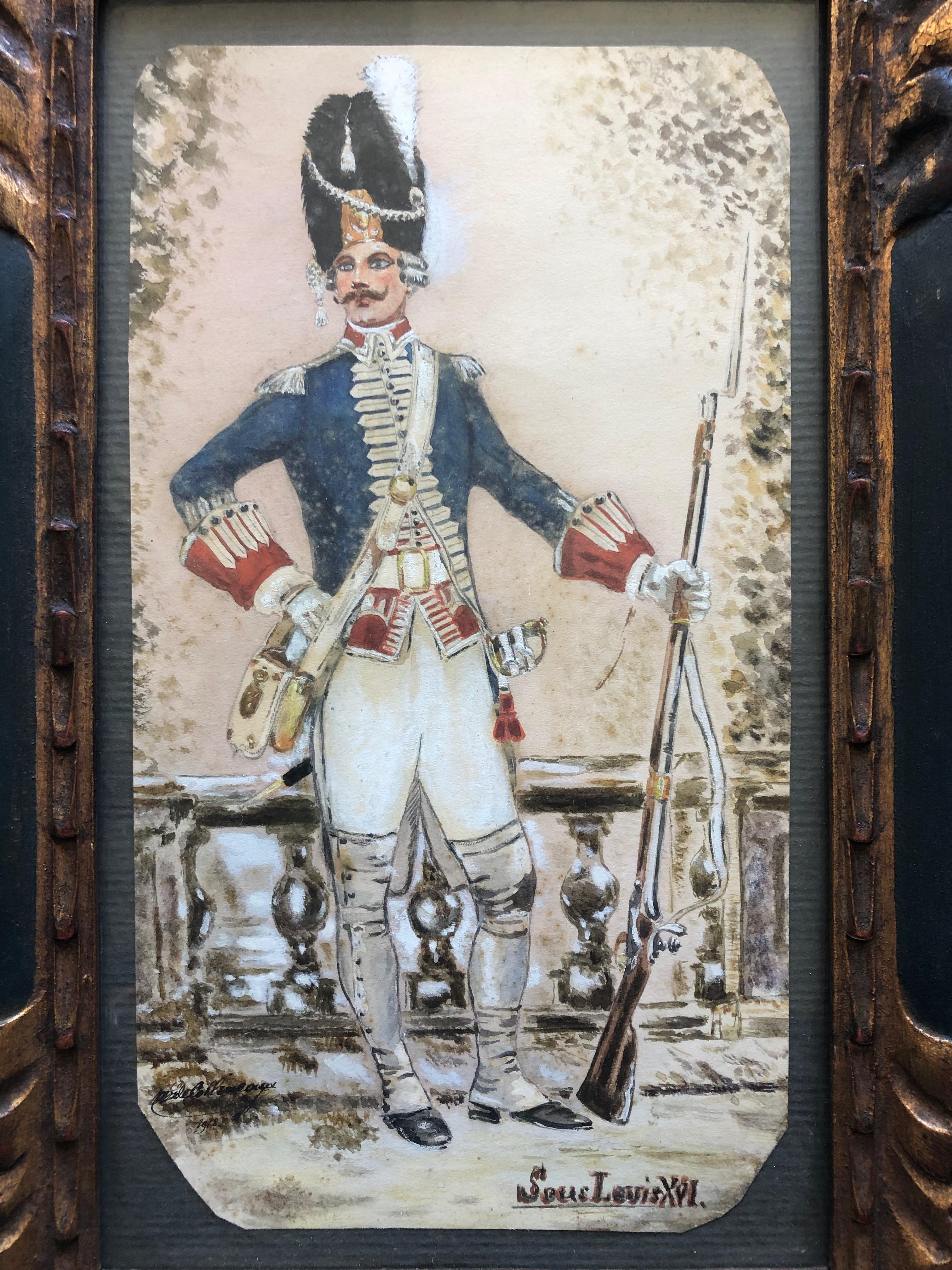 French Framed Aquarelle, of a Louis XVI Guard, Dated 1918, Signed Collineaux In Fair Condition For Sale In Petaluma, CA