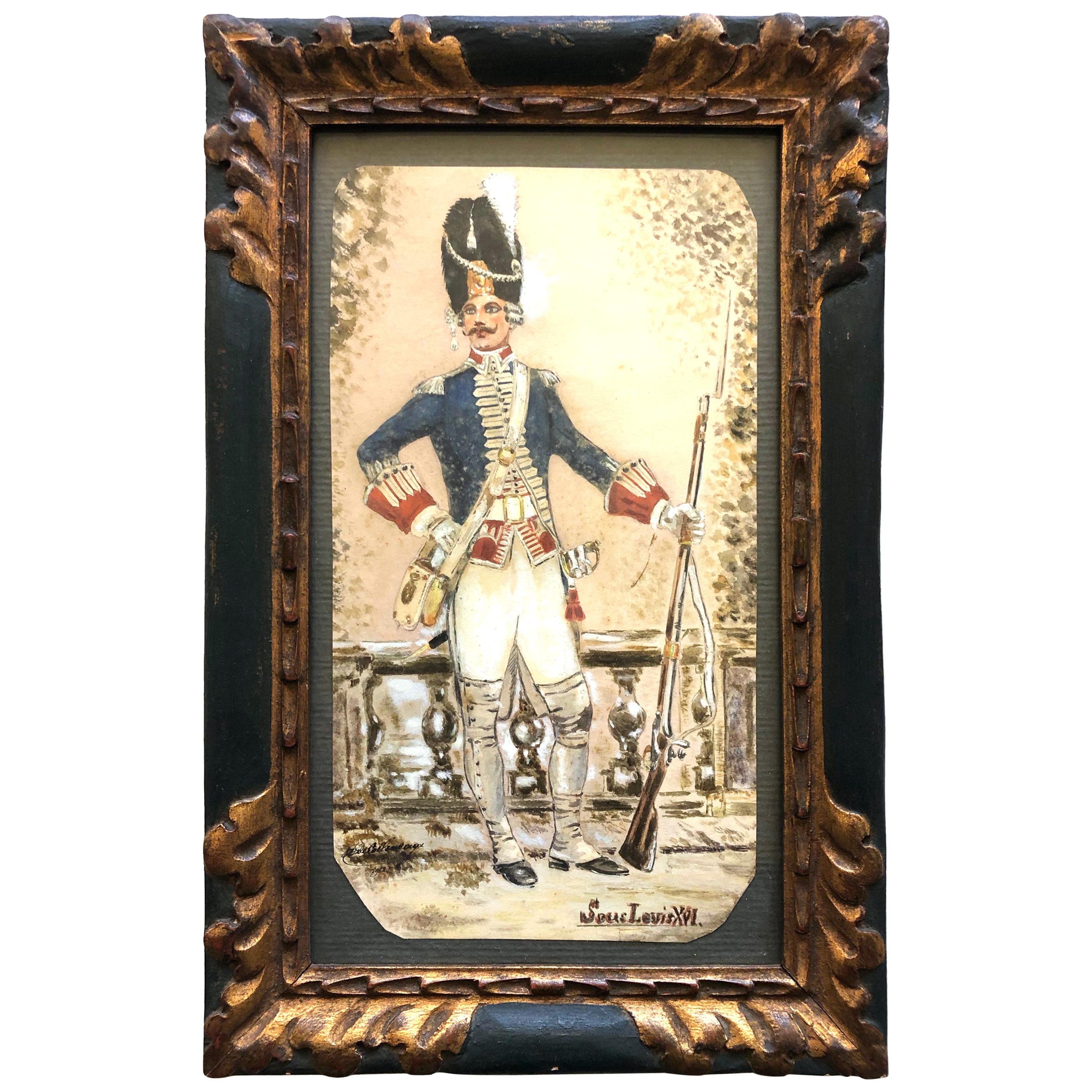 French Framed Aquarelle, of a Louis XVI Guard, Dated 1918, Signed Collineaux For Sale
