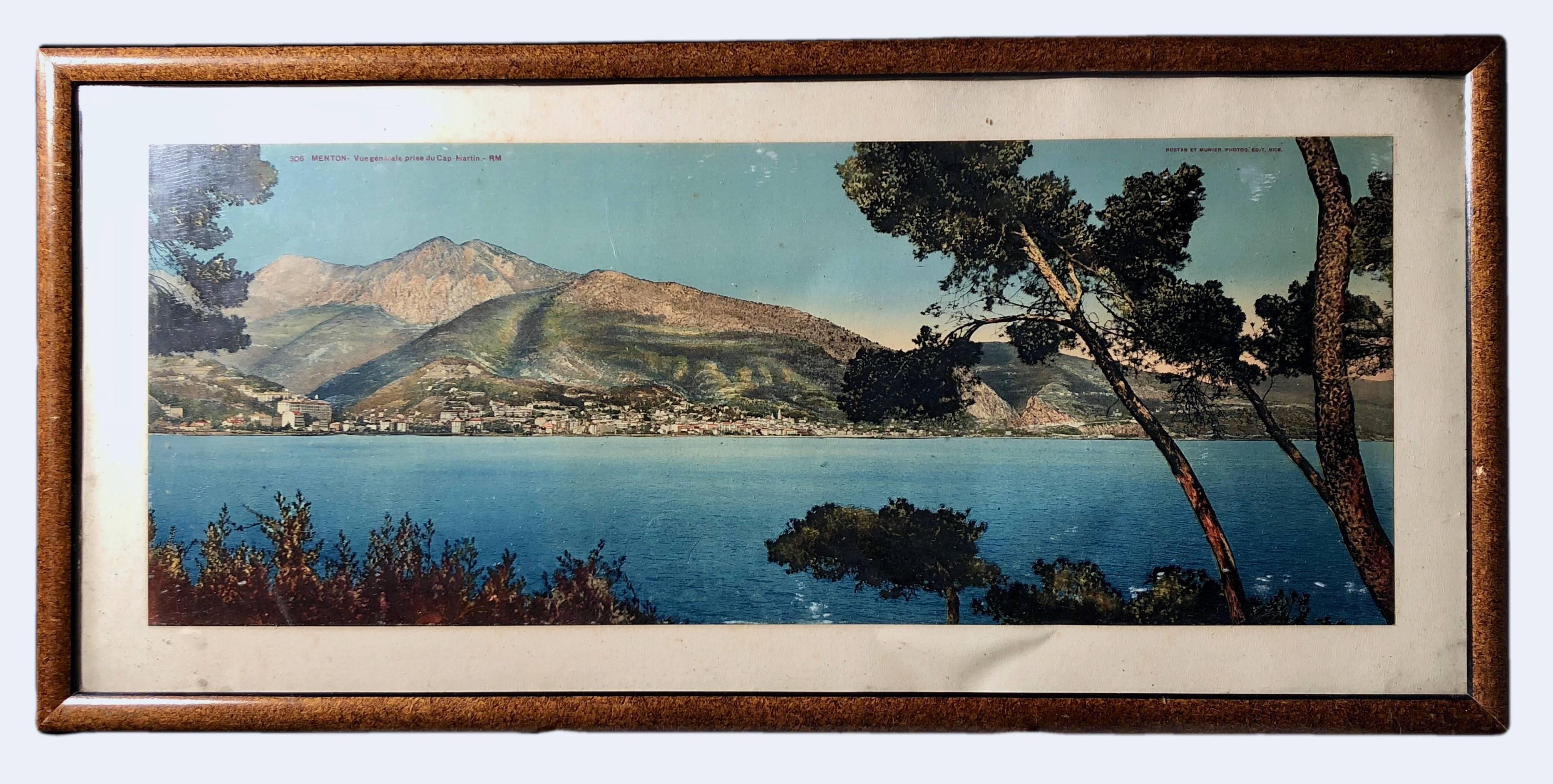 These are two lovely 1950s French color souvenir photos in matching wooden frames. One is of city of Menton 