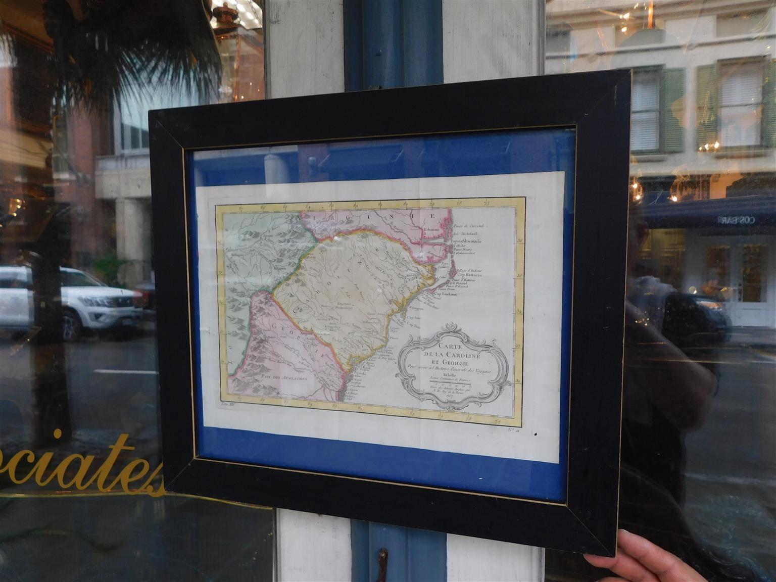 Hand-Painted French Framed Copper Engraved Hand Colored Map of Carolina & Georgia, Circa 1757 For Sale