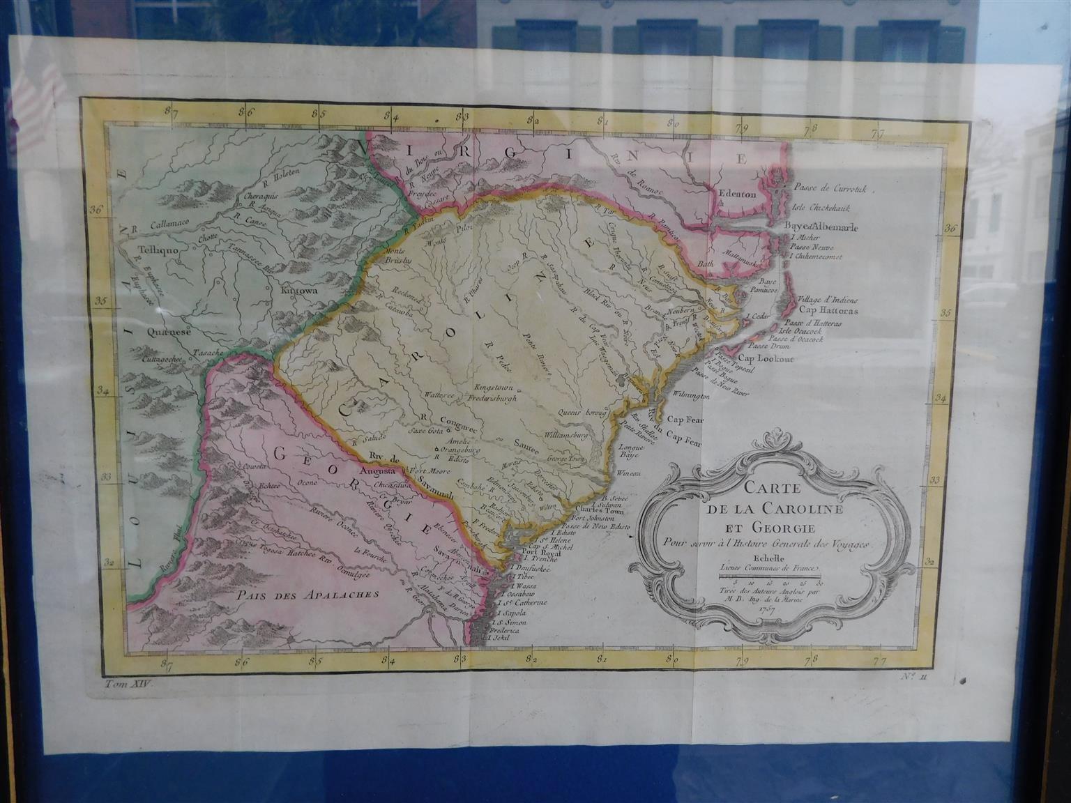 French Framed Copper Engraved Hand Colored Map of Carolina & Georgia, Circa 1757 In Excellent Condition For Sale In Hollywood, SC