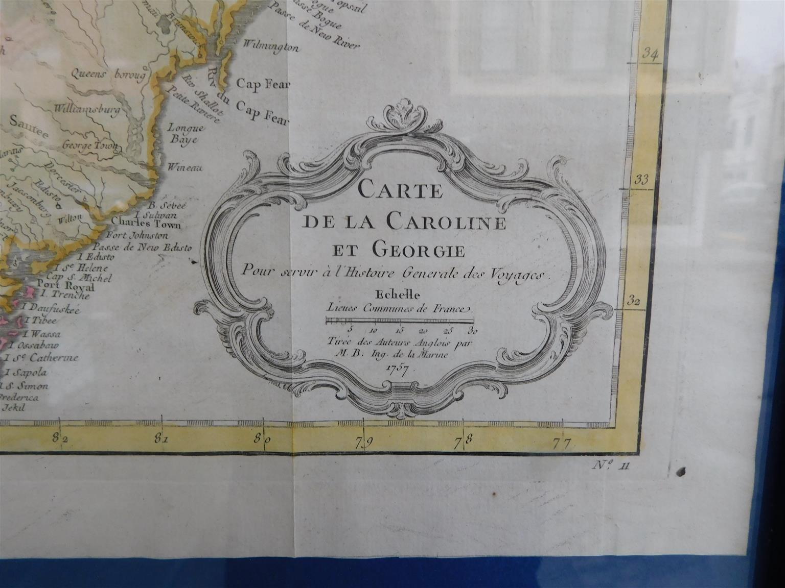 Mid-18th Century French Framed Copper Engraved Hand Colored Map of Carolina & Georgia, Circa 1757 For Sale