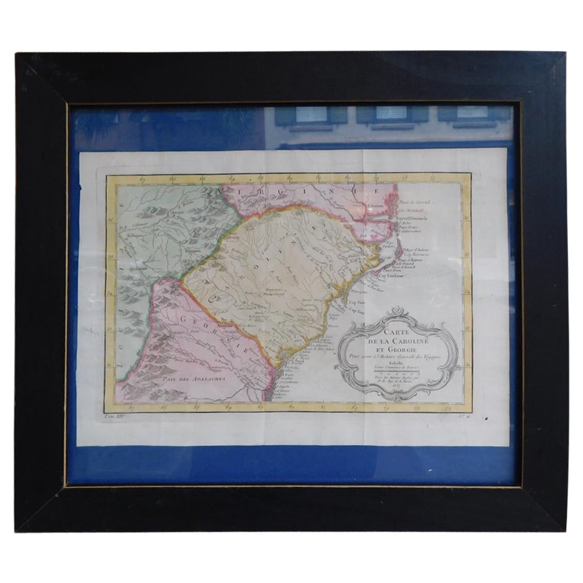 French Framed Copper Engraved Hand Colored Map of Carolina & Georgia, Circa 1757