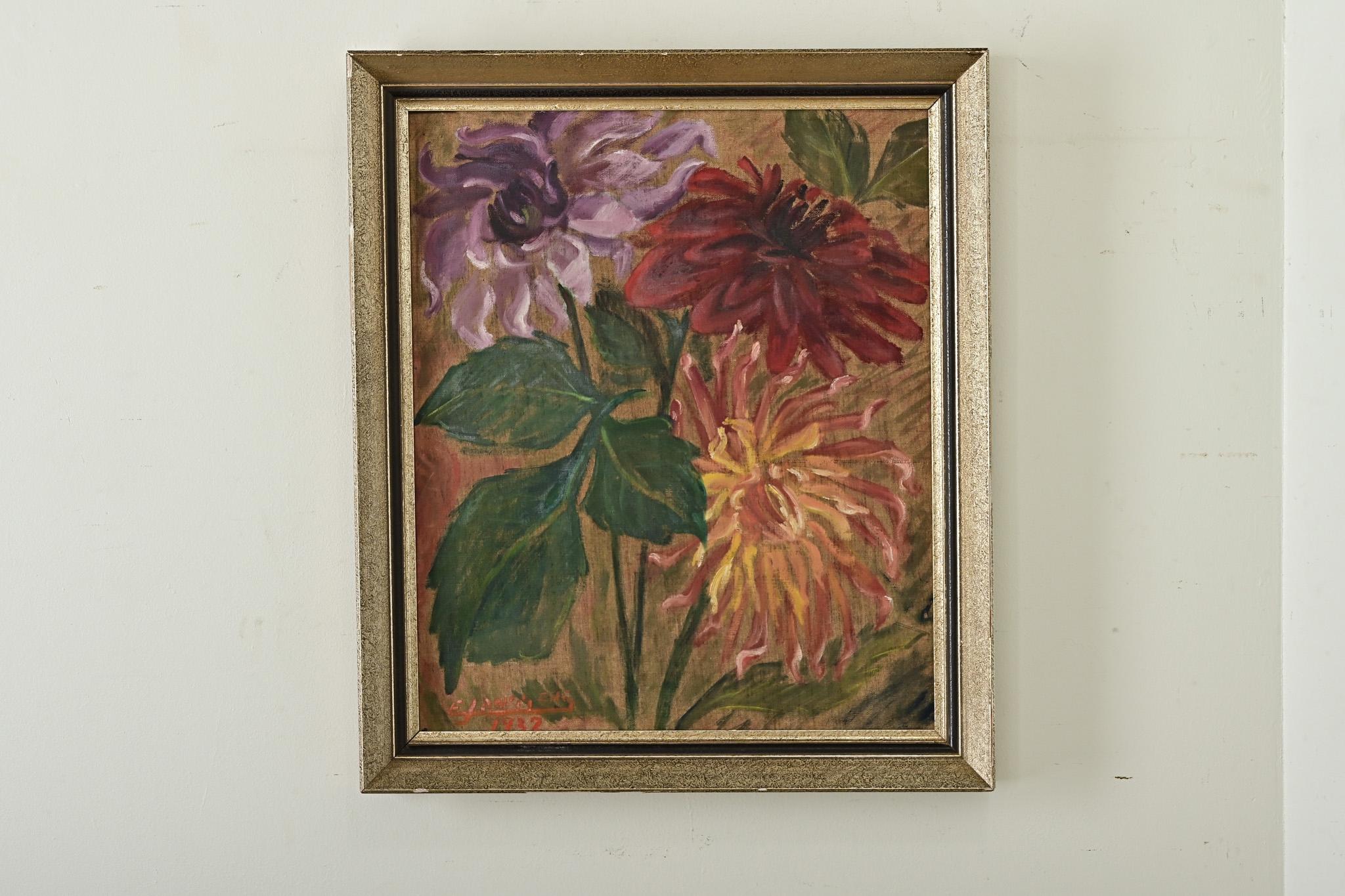 Vintage French oil on canvas painting of dahlias, signed and dated by the artist. In expressive brushstrokes and bold use of color–lavender, maroon, and peach–the artist has captured the dense mass of petals characteristic to the flower–as well as