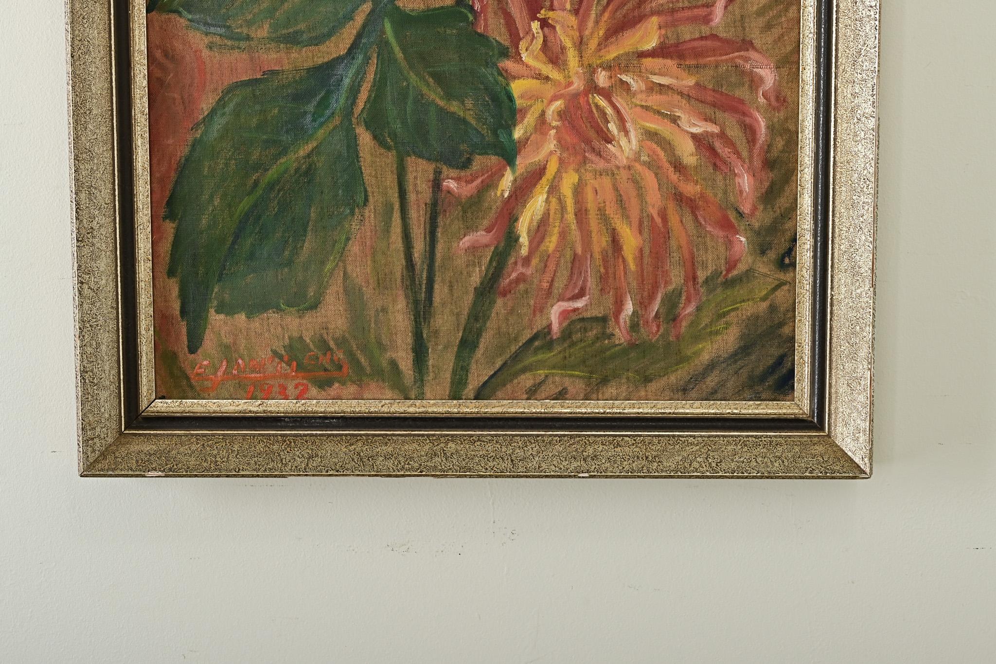 20th Century French Framed Dahlia Still Life Painting For Sale