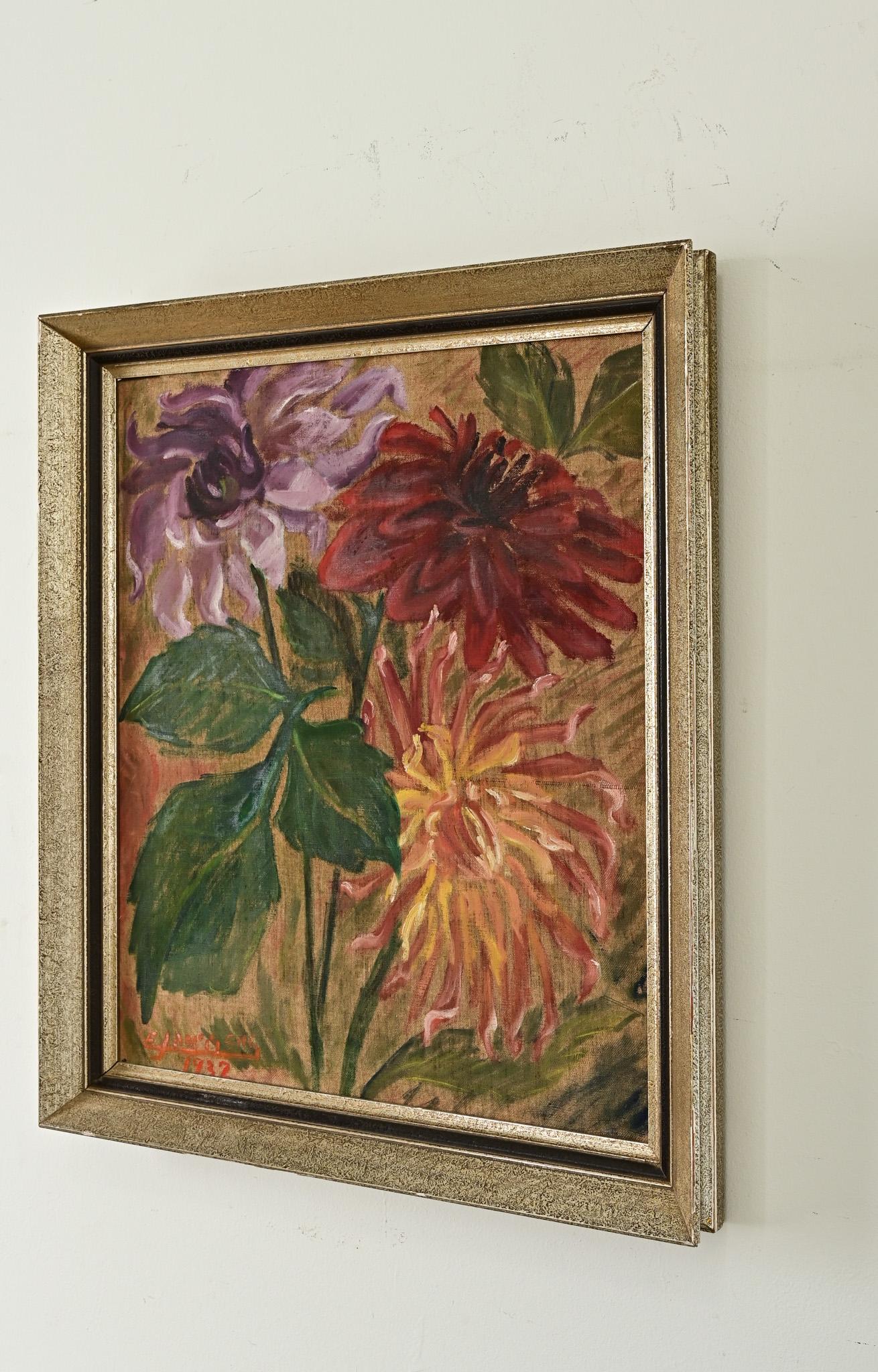 Canvas French Framed Dahlia Still Life Painting For Sale