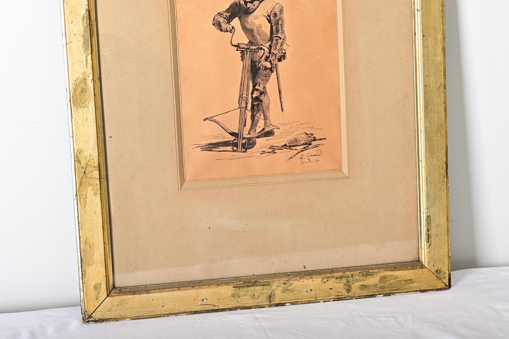 Französische gerahmte Zeichnung eines Ritters von Eugene Giraud im Zustand „Gut“ im Angebot in Baton Rouge, LA