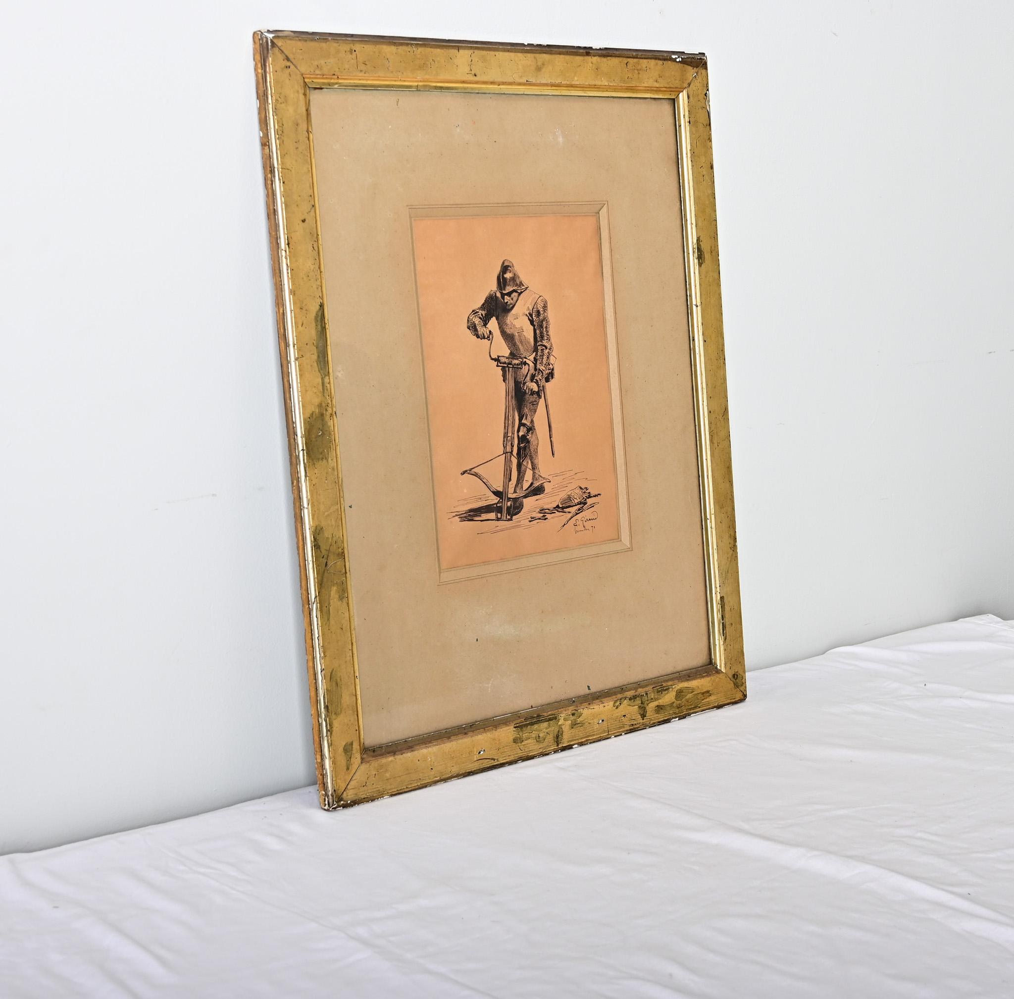 Französische gerahmte Zeichnung eines Ritters von Eugene Giraud (Gold) im Angebot