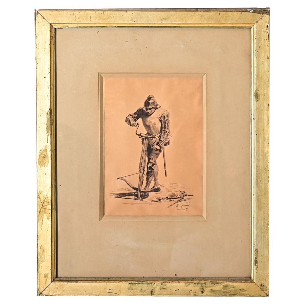 French Framed Drawing of a Knight by Eugene Giraud