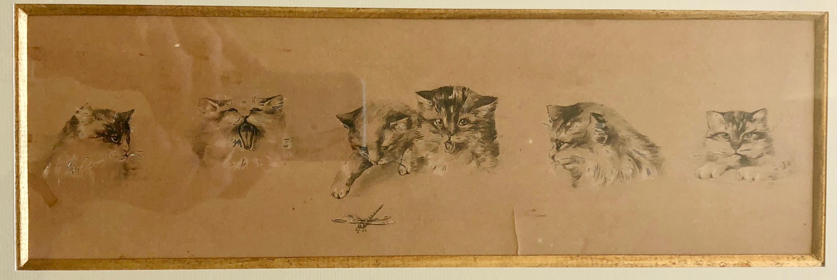 Etched French Framed Etching of Cats in 6 Different Postures with a Dragonfly, Signed For Sale