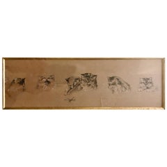 French Framed Etching of Cats in 6 Different Postures with a Dragonfly, Signed