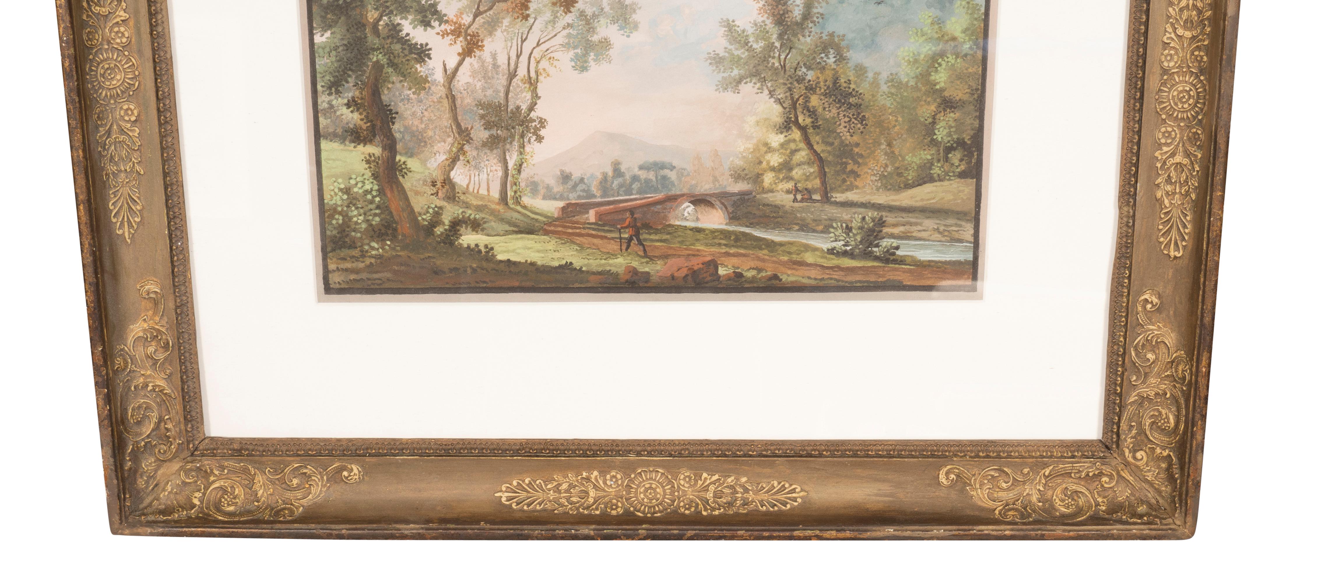 Französische gerahmte Gouache-Landschaft (Vergoldetes Holz) im Angebot