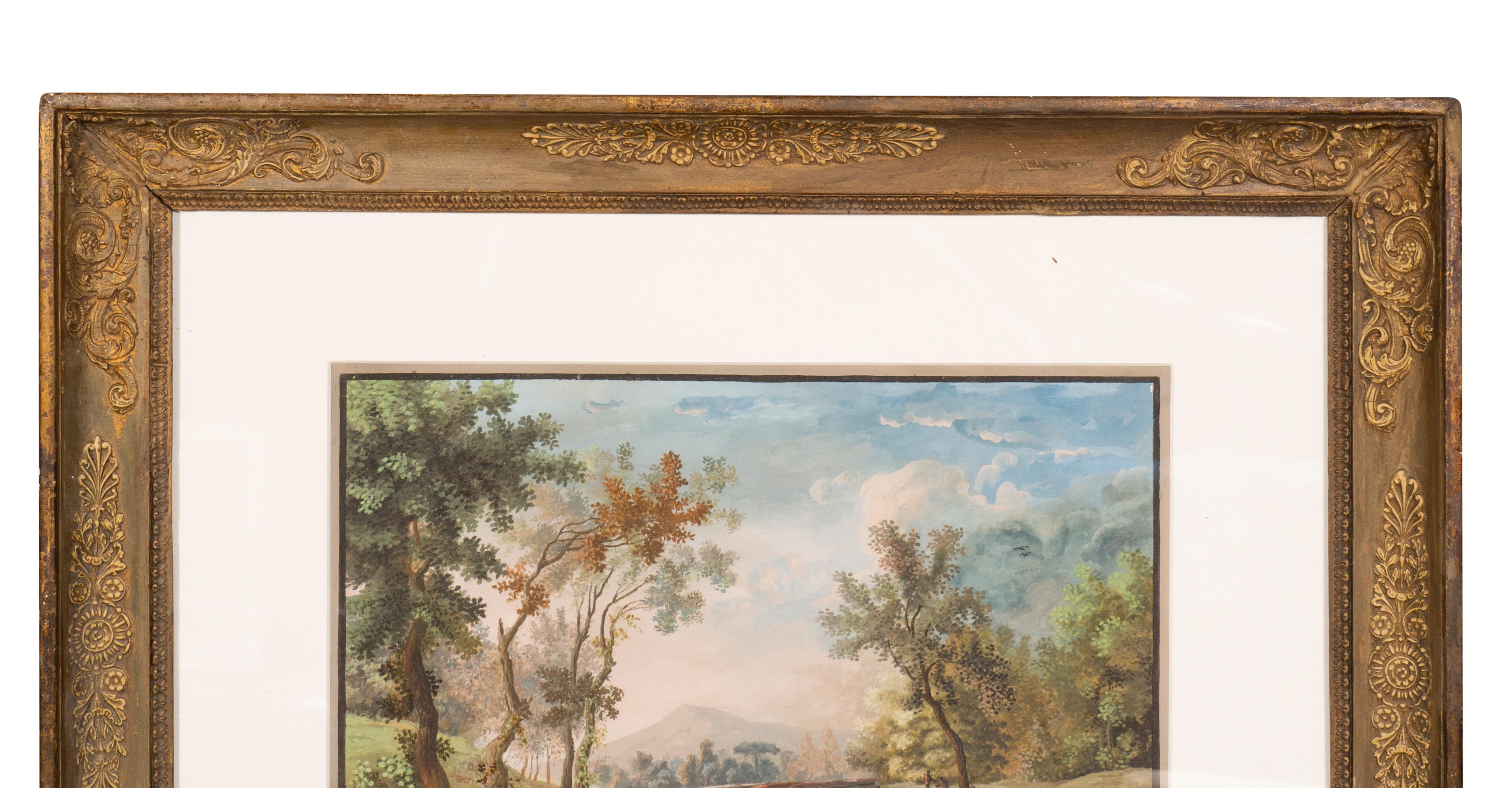 Französische gerahmte Gouache-Landschaft im Angebot 1