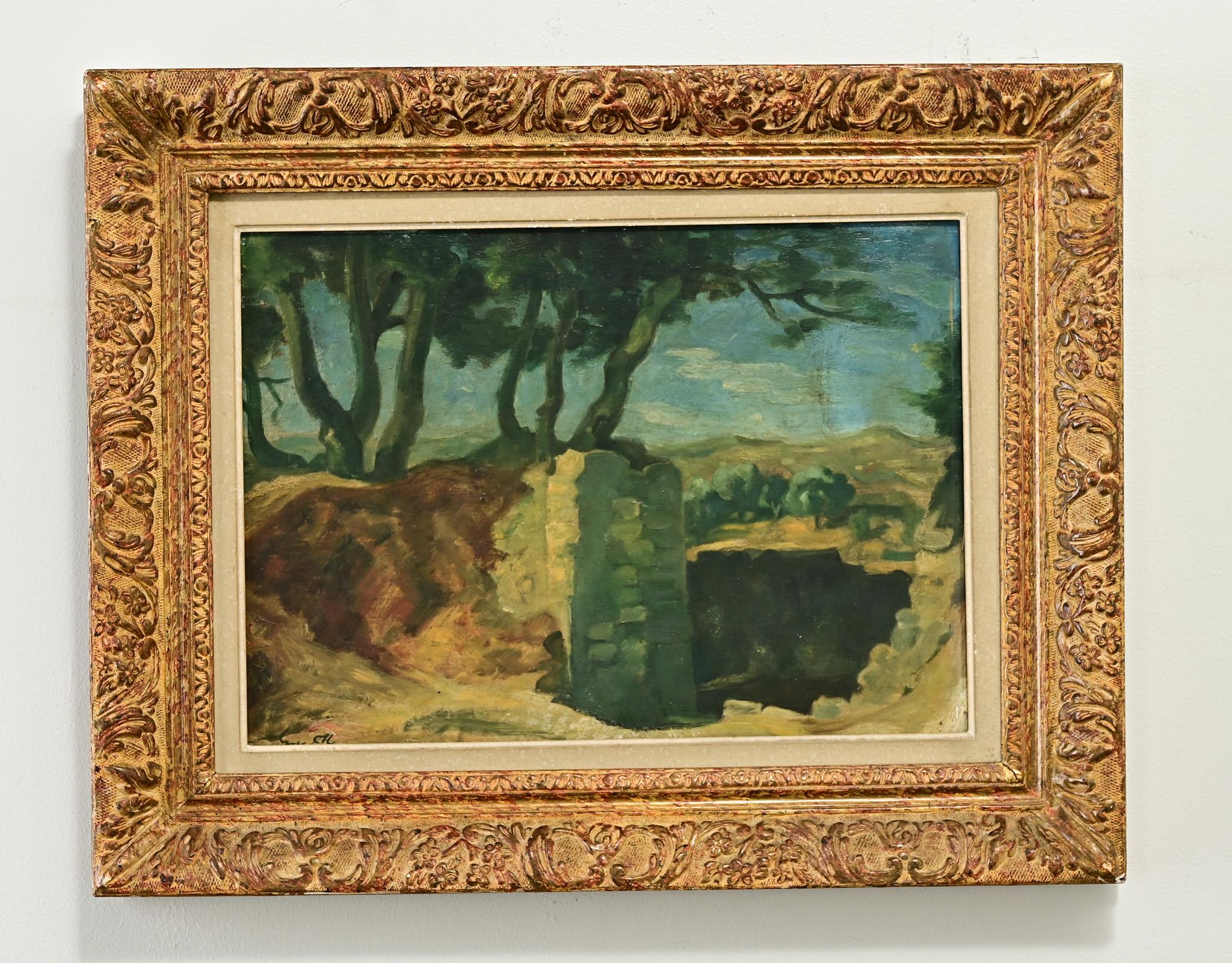 A French landscape painting, oil on canvas, depicts a grave. Surrounded by a complimentary mat board and carved quality frame, this little painting is perfect for your art collection. Fixed with a wire, this painting is ready to be hung in your