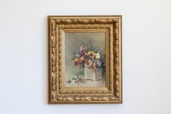 French Framed Oil on Board Still-Life Painting Depicting Pansies, 19th Century