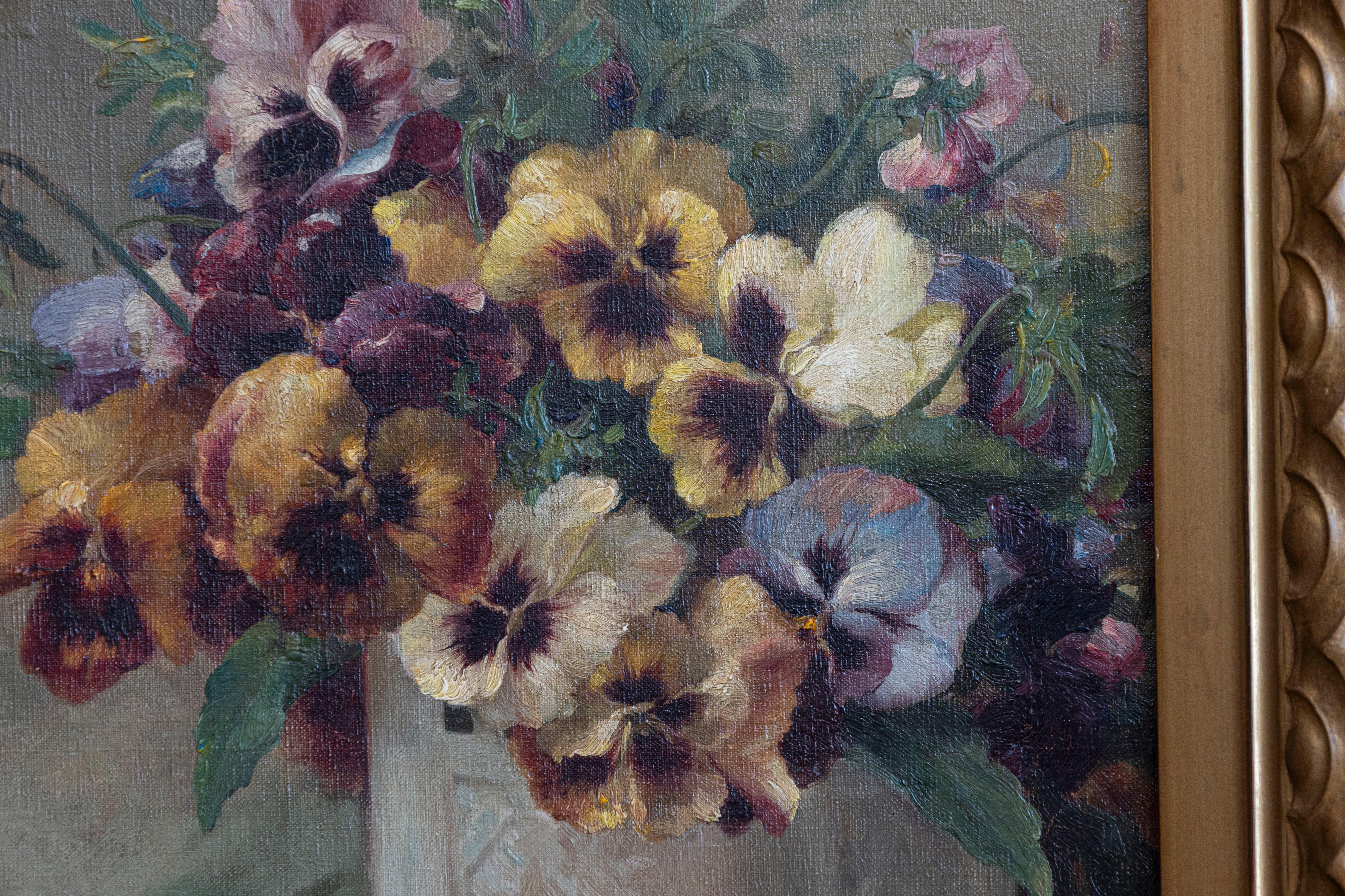 Francese Dipinto francese incorniciato con olio su tavola raffigurante delle viole del pensiero, XIX secolo in vendita