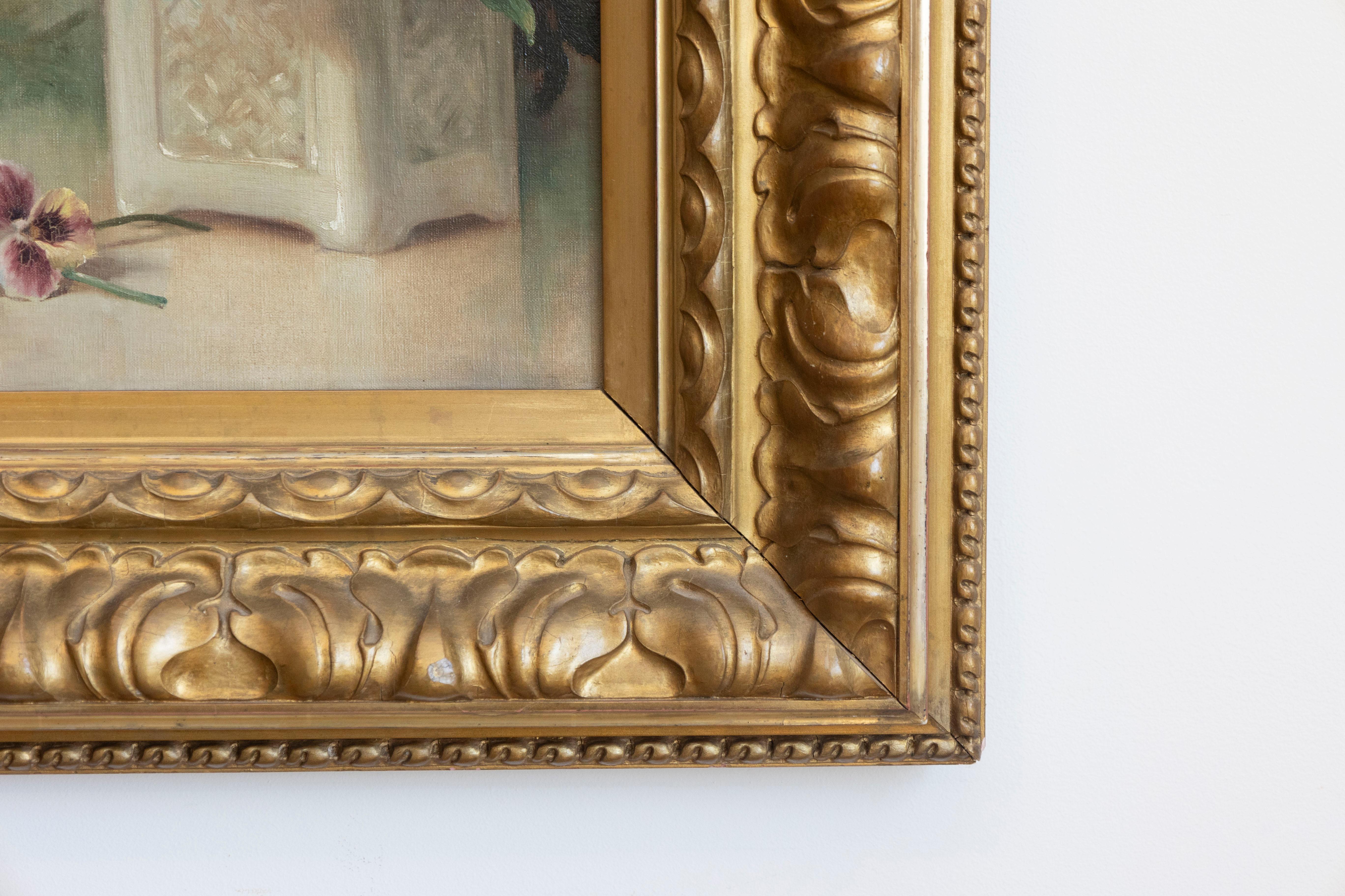 Dipinto francese incorniciato con olio su tavola raffigurante delle viole del pensiero, XIX secolo In condizioni buone in vendita a Atlanta, GA