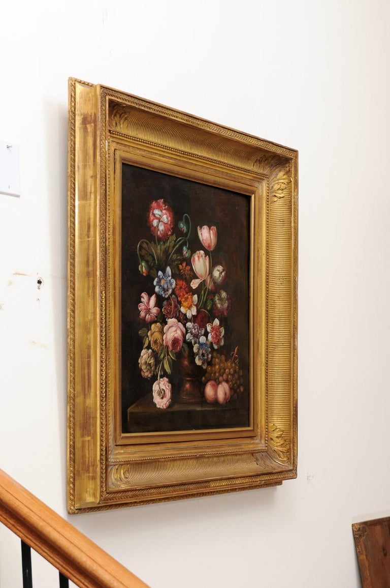 French Framed Oil on Canvas 19th Century Dutch School Style Floral Painting For Sale 5