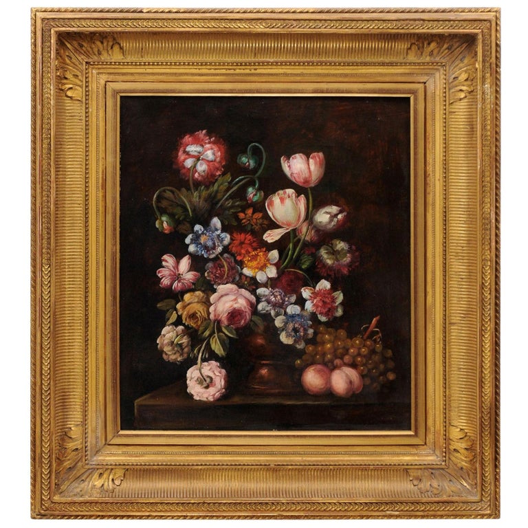 French Framed Oil on Canvas 19th Century Dutch School Style Floral Painting For Sale