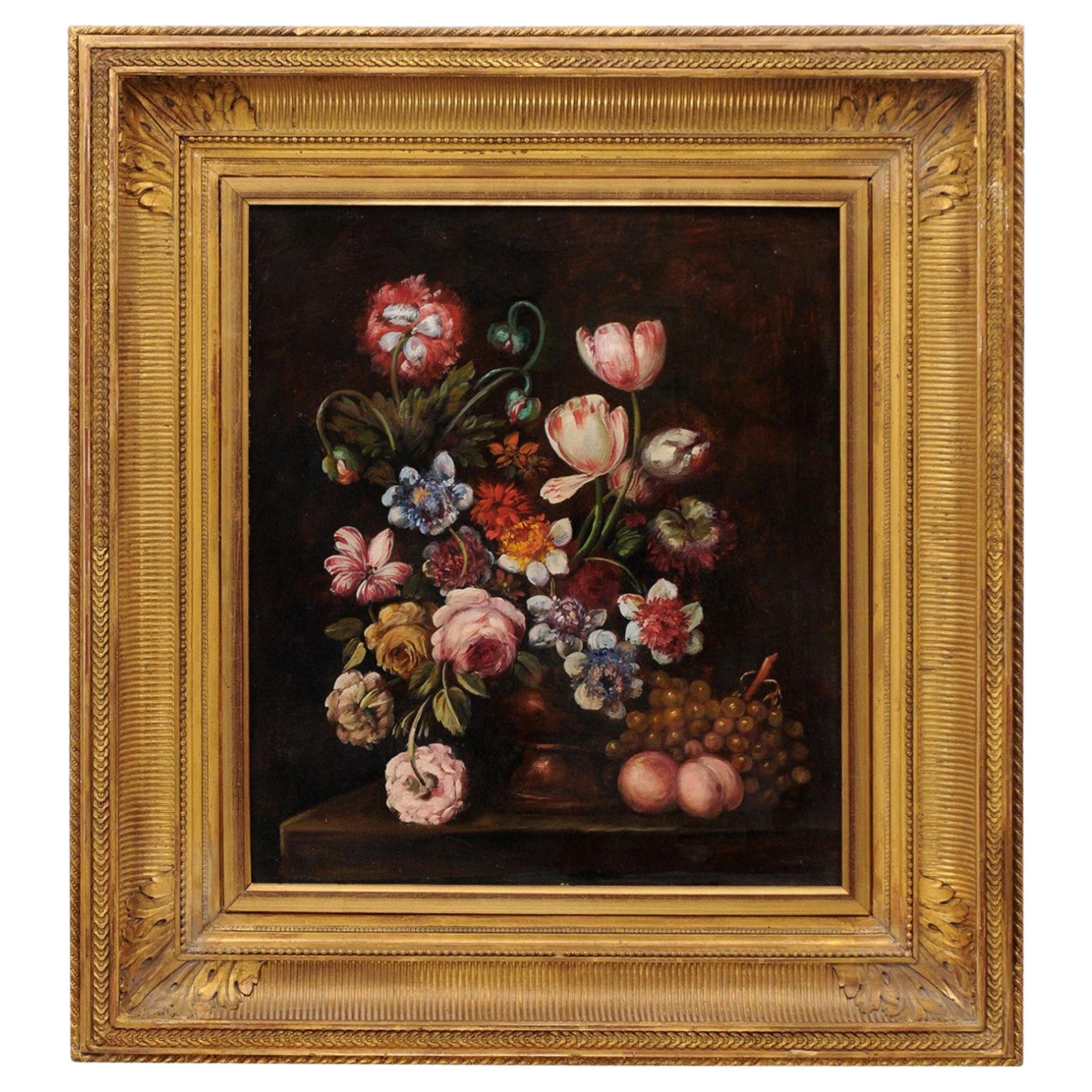 French Framed Oil on Canvas 19th Century Dutch School Style Floral Painting