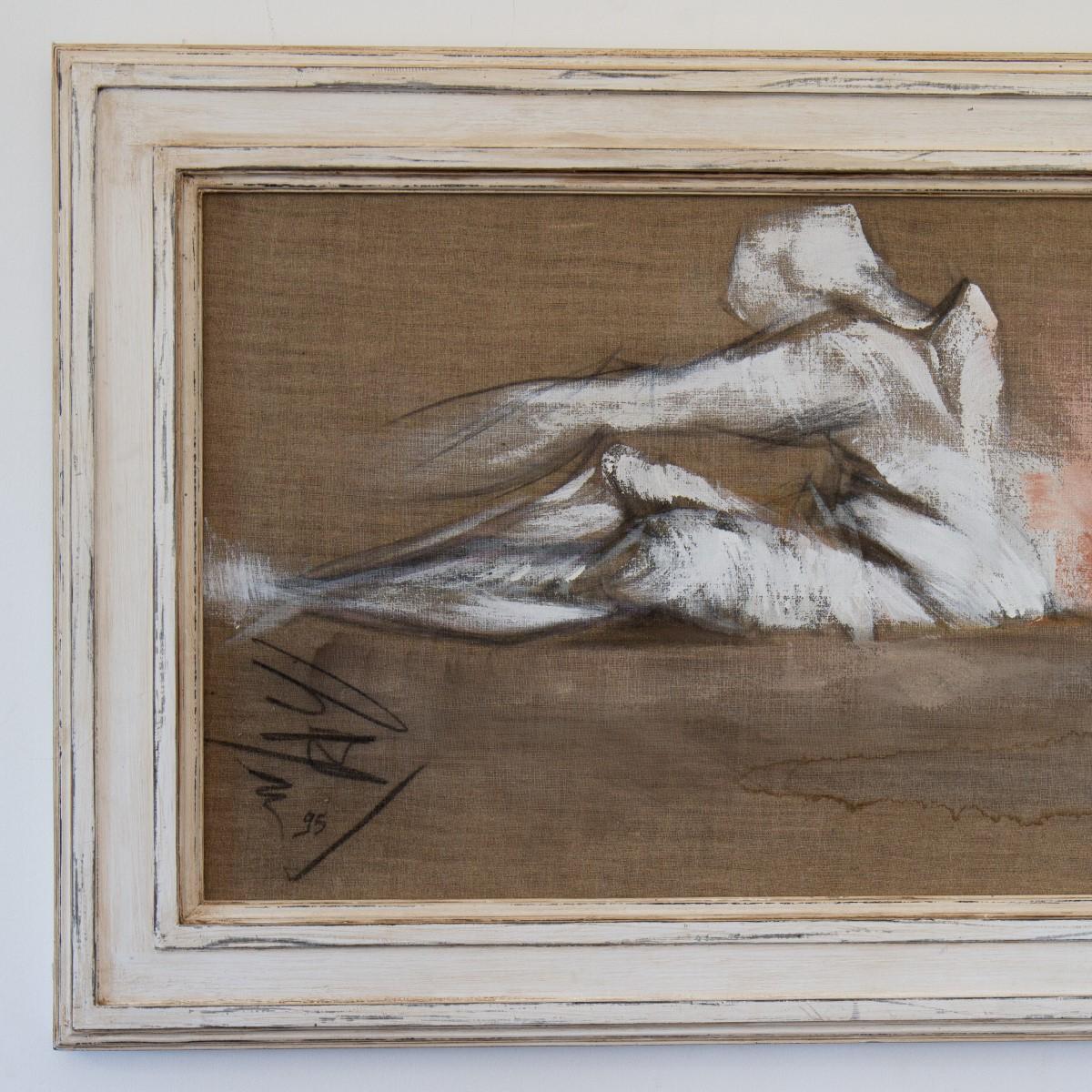 A framed oil on canvas painting of a stretching figure by Micky Pfau 1995, signed 

Bought directly from the artist in the 1990s by Ken, for his own private collection. These paintings would look as a single piece of artwork but also en-masse. Ken