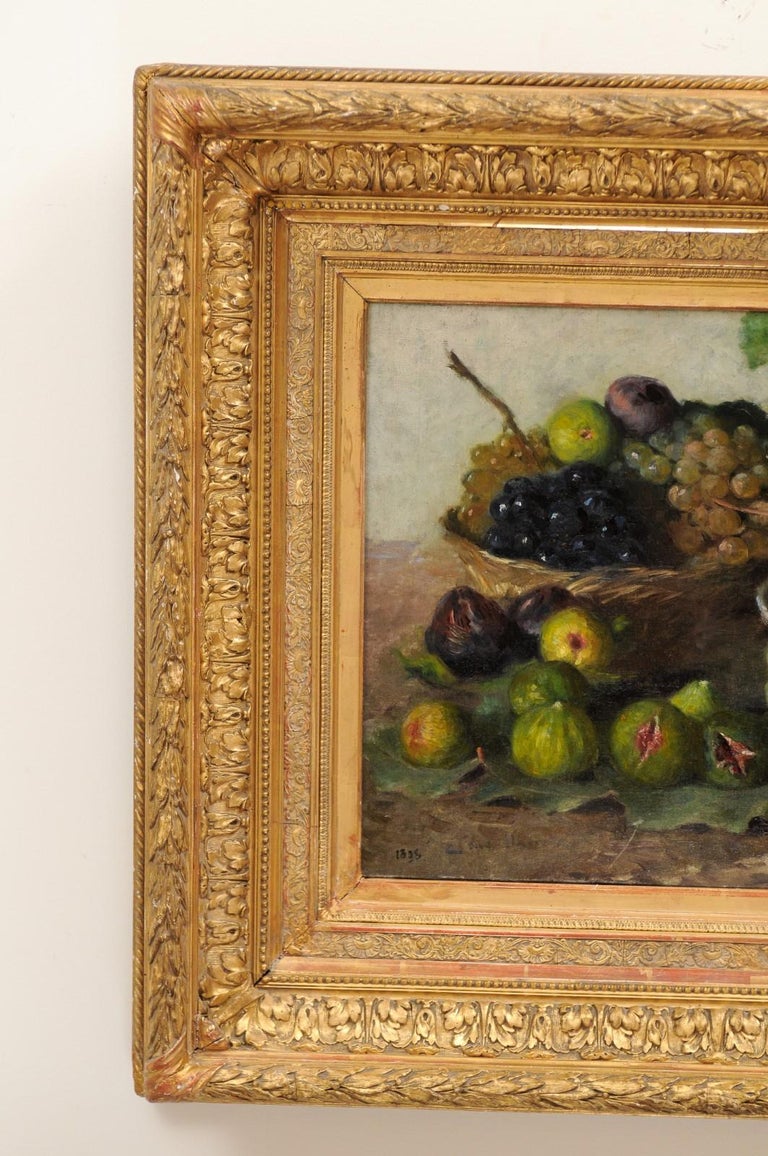 French Framed Oil on Canvas Painting Depicting Grapes and Figs, circa