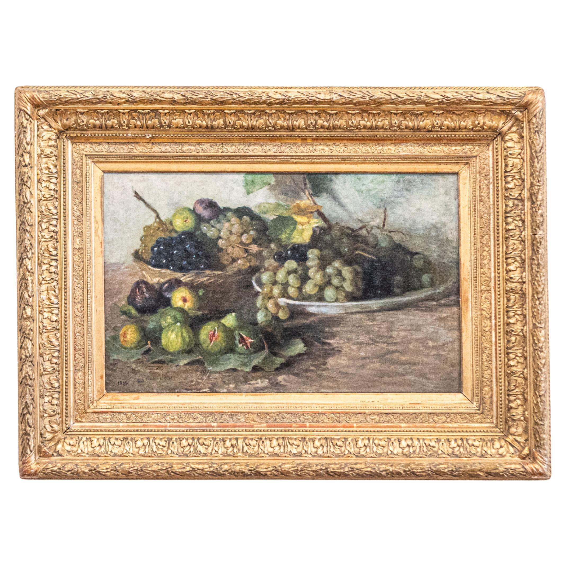 Huile sur toile encadrée représentant des raisins et des figues, vers 1875 en vente
