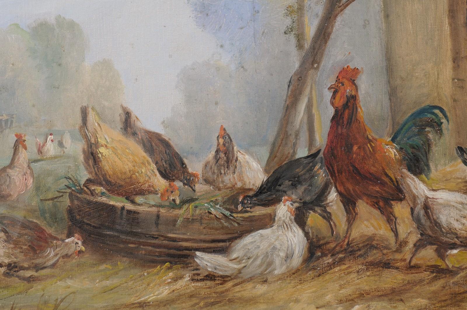 French Framed Oil on Canvas Painting of a Farmyard Scene with Hens and Rooster 3