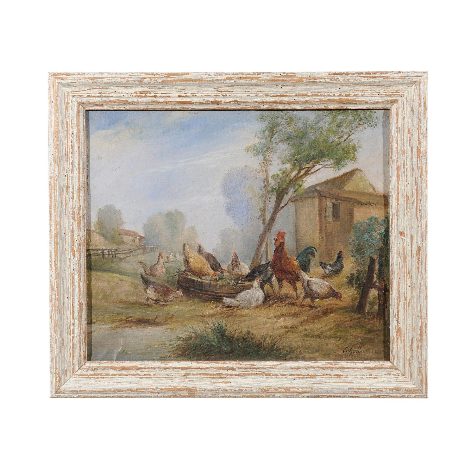 French Framed Oil on Canvas Painting of a Farmyard Scene with Hens and Rooster