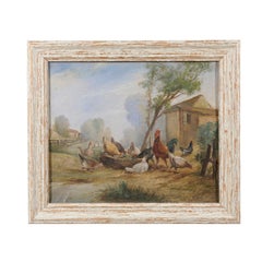 Vintage French Framed Oil on Canvas Painting of a Farmyard Scene with Hens and Rooster