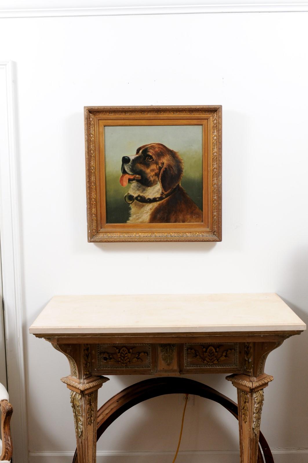 French Framed Oil on Canvas Painting of a St Bernard Dog, Signed E. Kirk 2