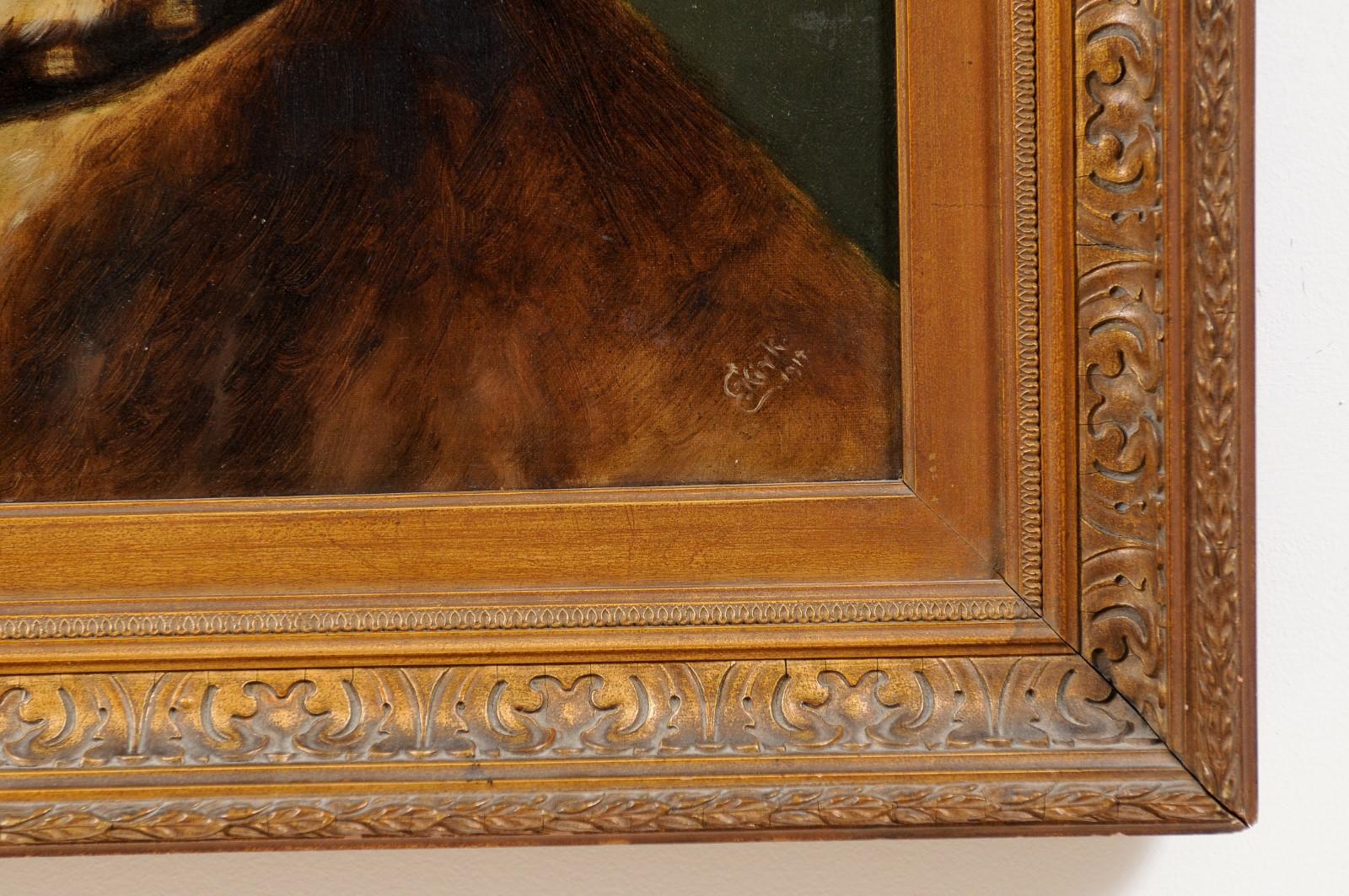 French Framed Oil on Canvas Painting of a St Bernard Dog, Signed E. Kirk 4