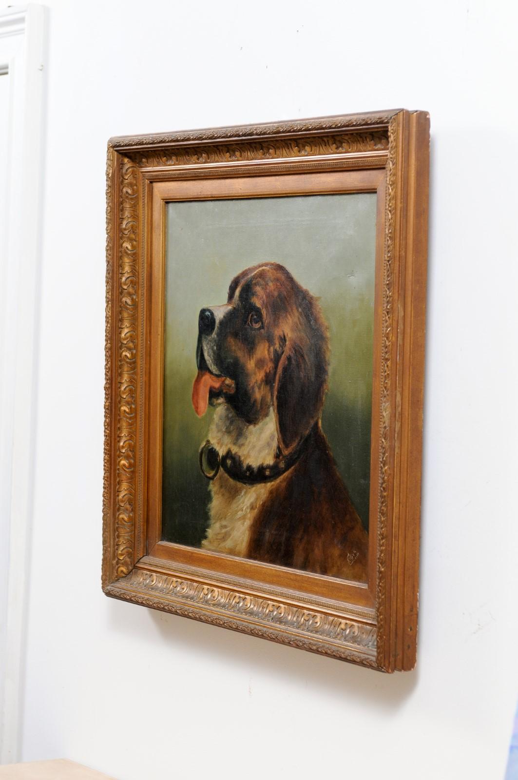 Hand-Painted French Framed Oil on Canvas Painting of a St Bernard Dog, Signed E. Kirk