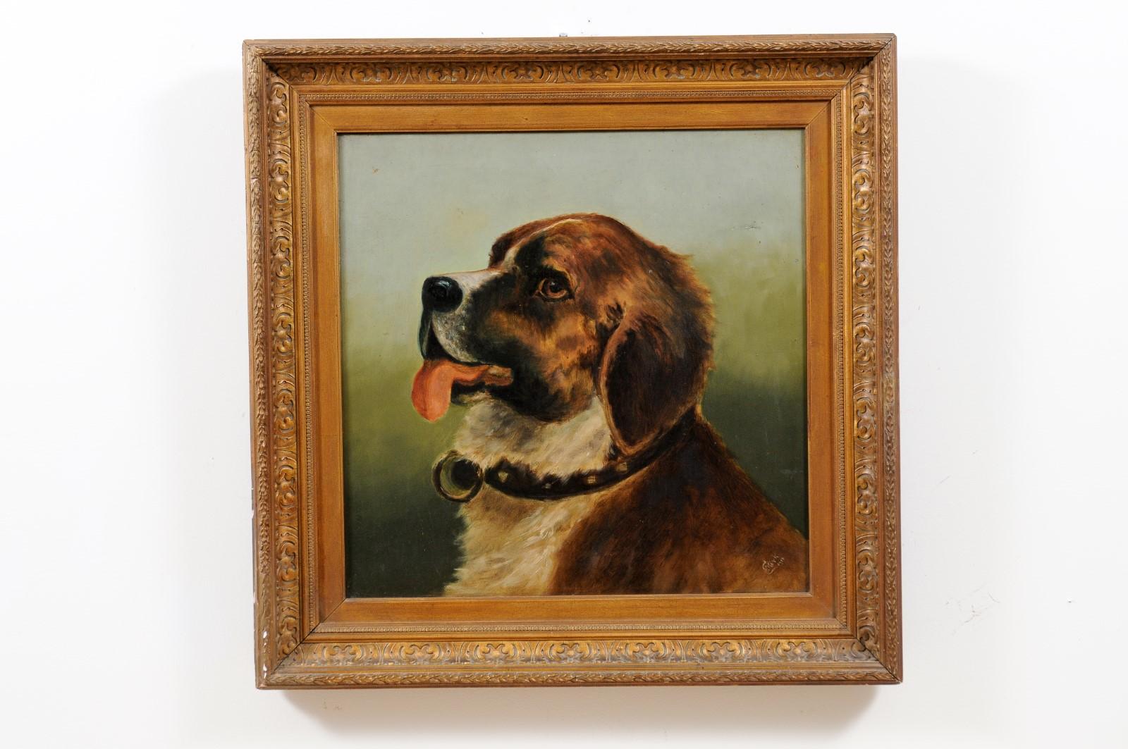 French Framed Oil on Canvas Painting of a St Bernard Dog, Signed E. Kirk 1