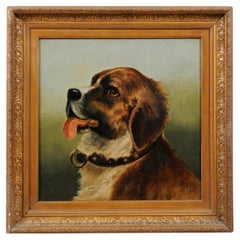 French Framed Oil on Canvas Painting of a St Bernard Dog, Signed E. Kirk