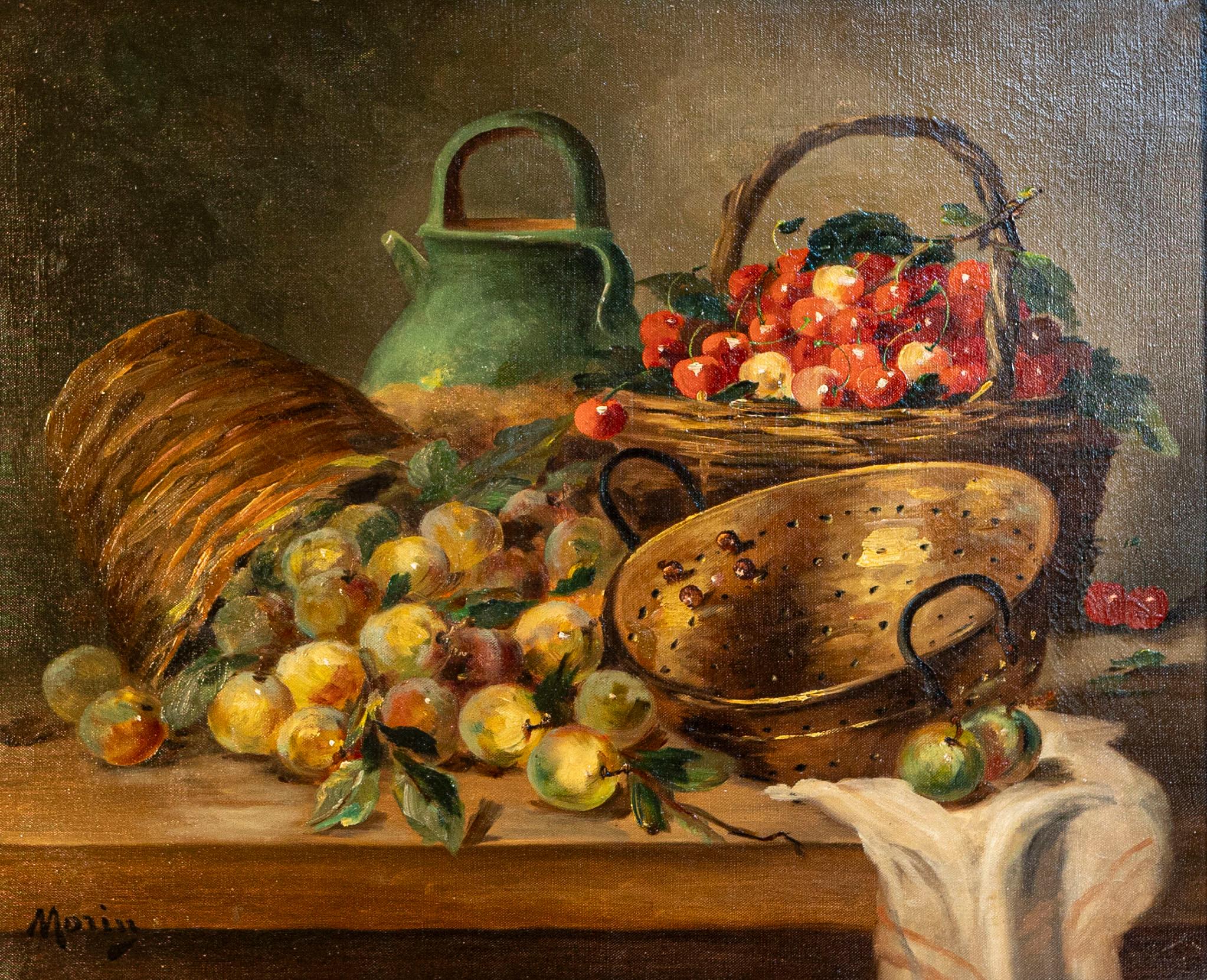 Hand-Crafted French Framed Oil on Canvas Still-Life Painting Signed Morin, Depicting Fruits For Sale