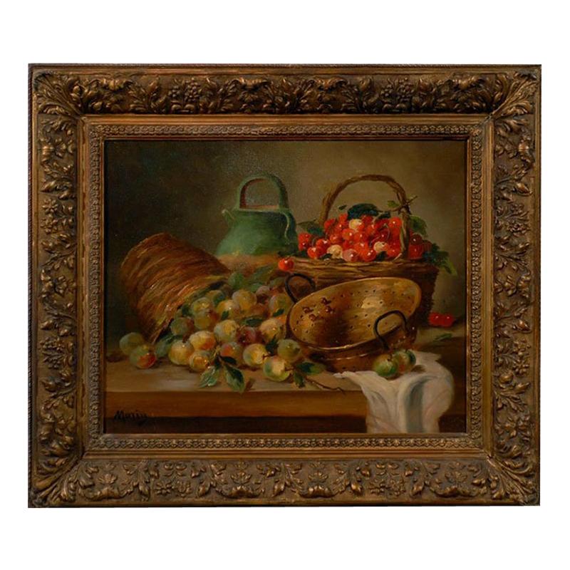 French Framed Oil on Canvas Still-Life Painting Signed Morin, Depicting Fruits