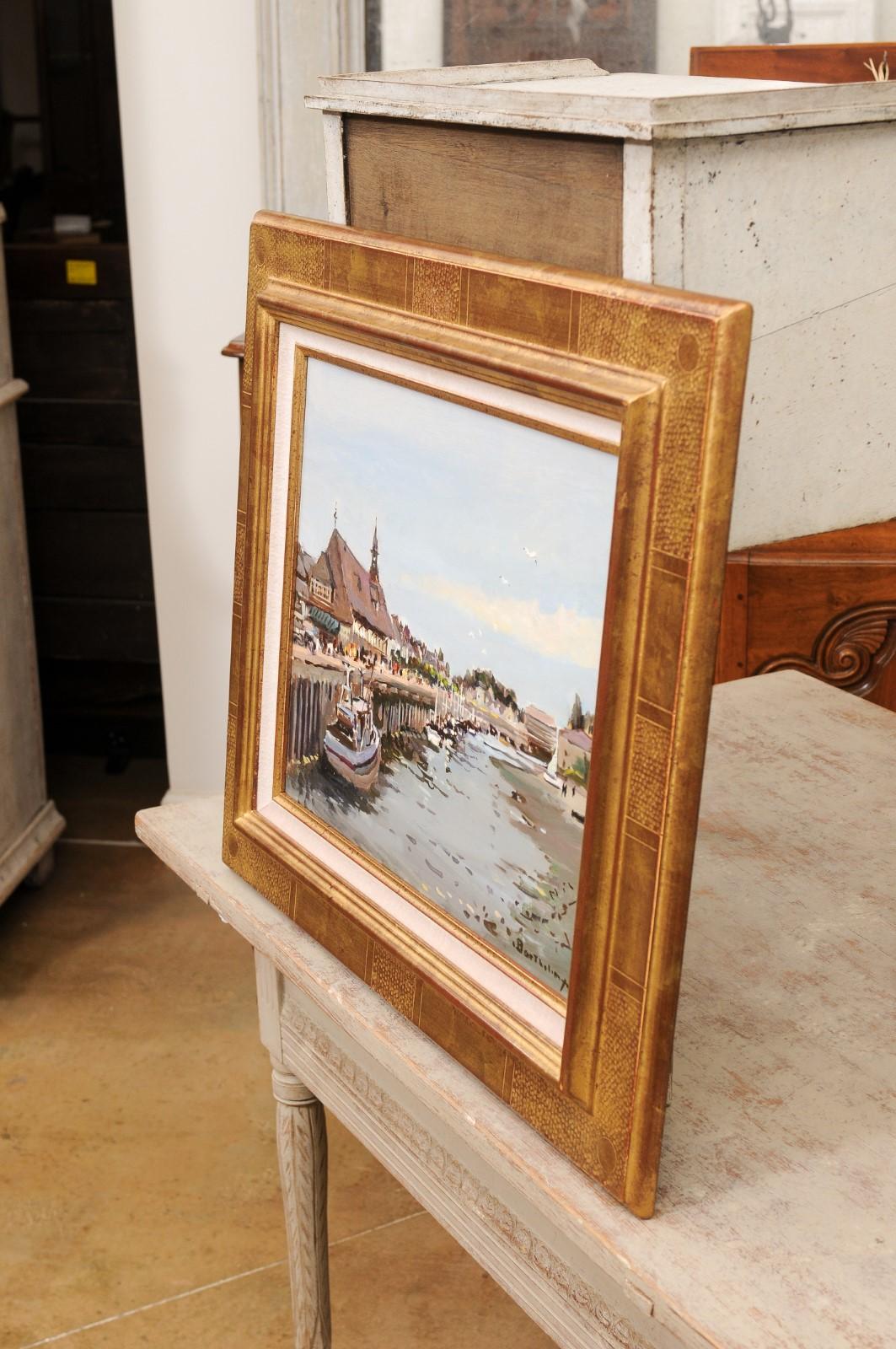 French Framed Oil Painting Depicting the Harbor of Trouville, Signed Barthélémy For Sale 4